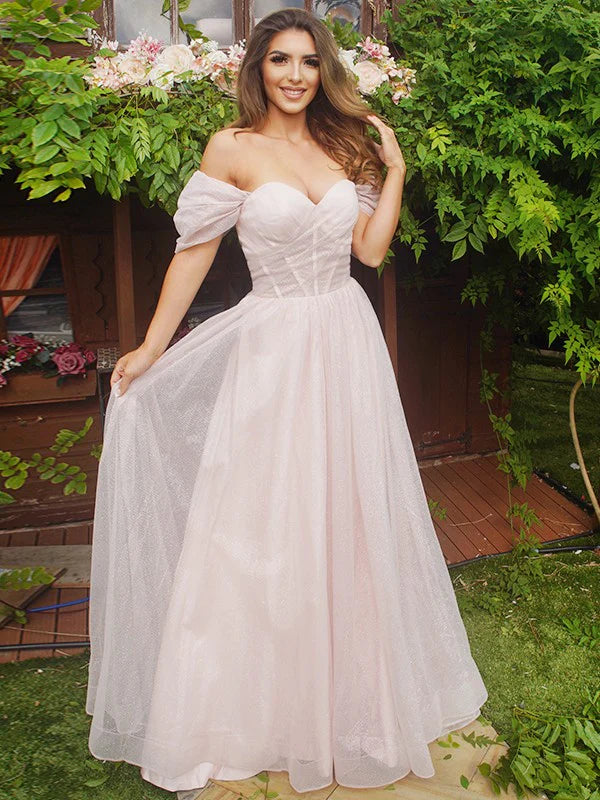 Elegant A-Line off-the-shoulder prom dress with short sleeves and ruched bodice.