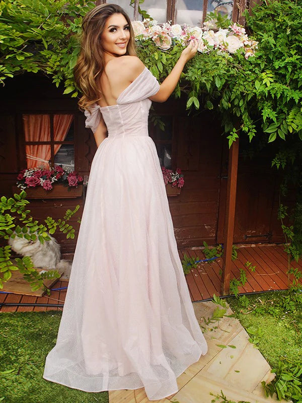 Back view of the A-Line ruched off-the-shoulder short sleeve prom dress.