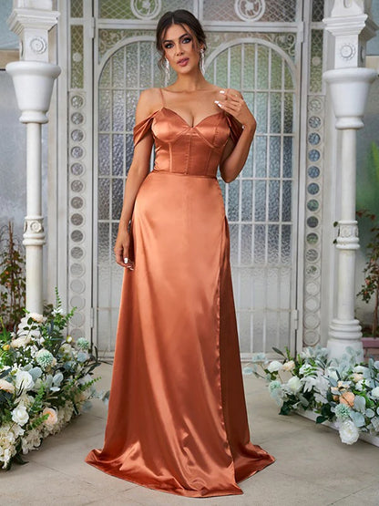 Front view of an elegant A-Line bridesmaid dress with a ruched sweetheart neckline, made from silk-like satin.