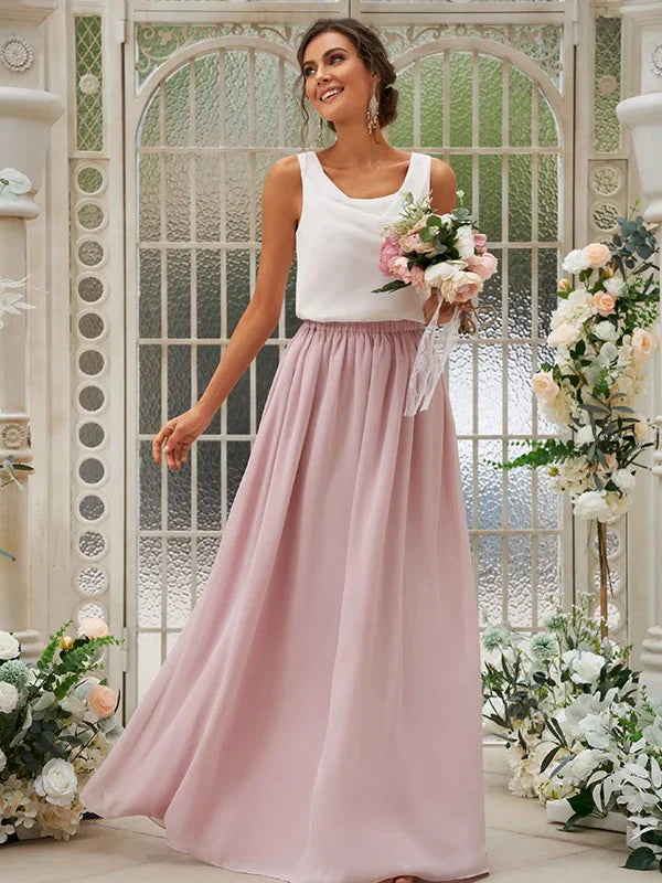 Elegant A-Line chiffon bridesmaid dress with ruffles and scoop neck.
