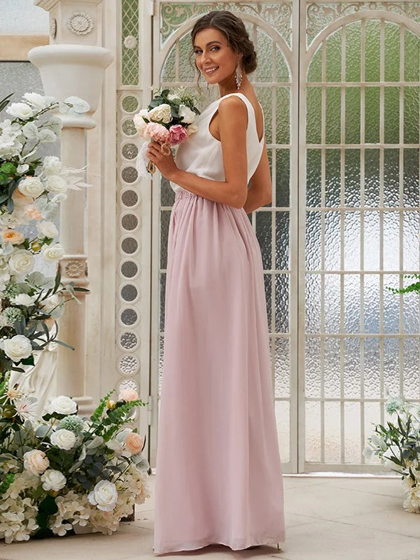 Side view of the floor-length A-Line bridesmaid dress, highlighting the ruffles.