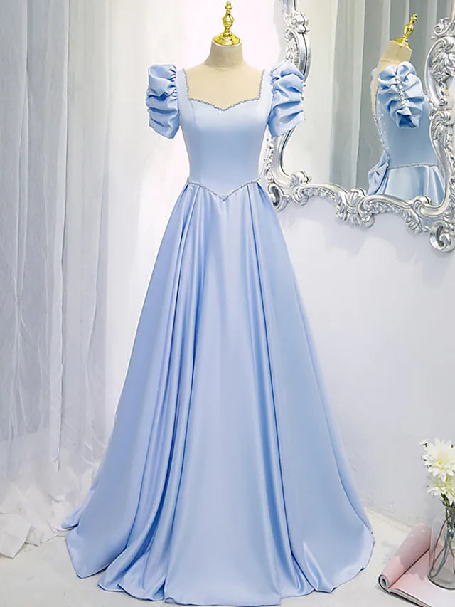 Elegant A-line satin bridesmaid dress with square neck and short sleeves, featuring a bow detail.