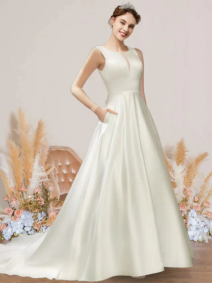 Elegant A-Line satin wedding dress with jewel neck and short sleeves, featuring a court train.