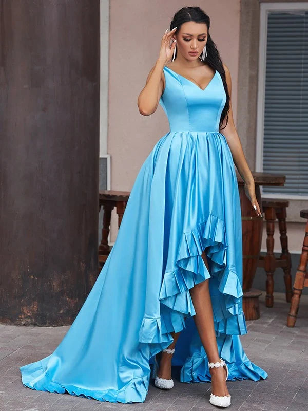 Elegant A-Line satin prom dress with V-neck and ruffles, front view.