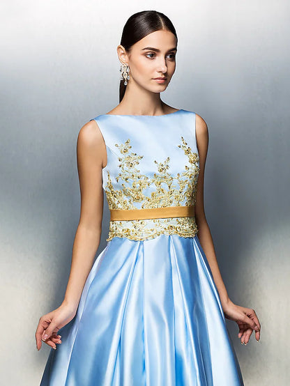 Side view of woman wearing A-line satin tea length dress.