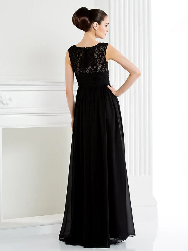 Back view of an A-line chiffon lace Mother of the Bride dress.