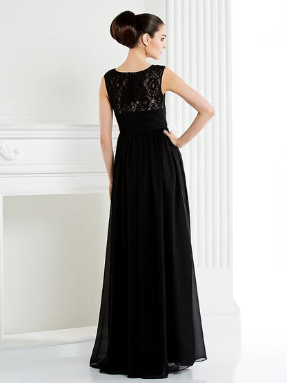 Back view of an A-line chiffon lace Mother of the Bride dress.