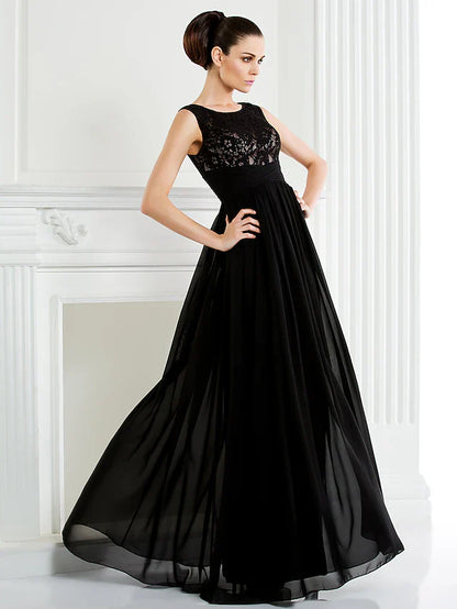 Full length view of an A-line formal dress with a scoop neck.
