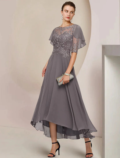 Elegant A-Line Mother of the Bride dress with scoop neck and half sleeves.
