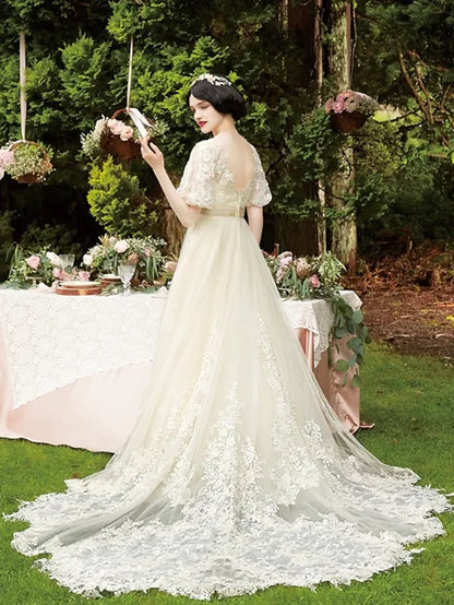 A-Line wedding dress with chapel train and lace details, side view.