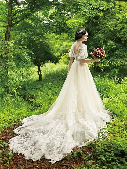 Close-up of intricate lace, beading, and appliques on the wedding dress bodice.