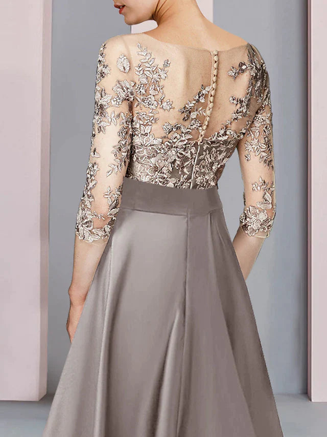 Back view of the sophisticated A-Line dress, showing lace details.