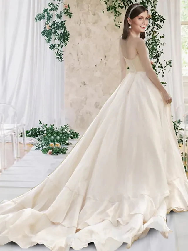 Back view of an A-Line scoop neck long sleeve chiffon wedding dress, showing the chapel train and pleats.
