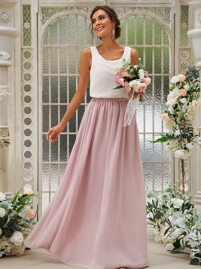 Model wearing an elegant light blue A-line ruffled chiffon bridesmaid dress.