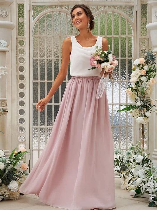 Model wearing an elegant light blue A-line ruffled chiffon bridesmaid dress.