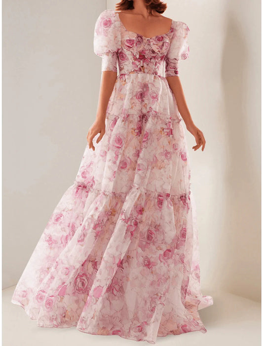 Elegant A-line organza gown with floral print, scoop neck, and short sleeves.