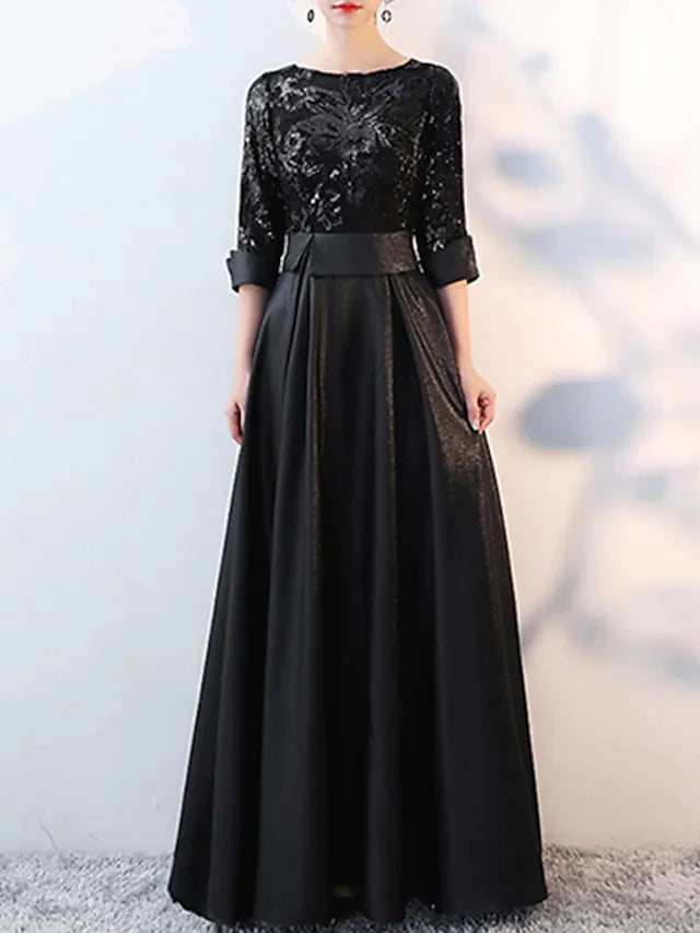 Back view of the A-line formal dress, showcasing sequin details.