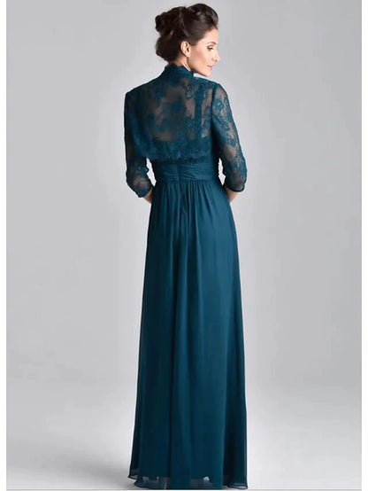 Close-up of the intricate lace and embroidery details on the bodice and sleeves of the formal dress.