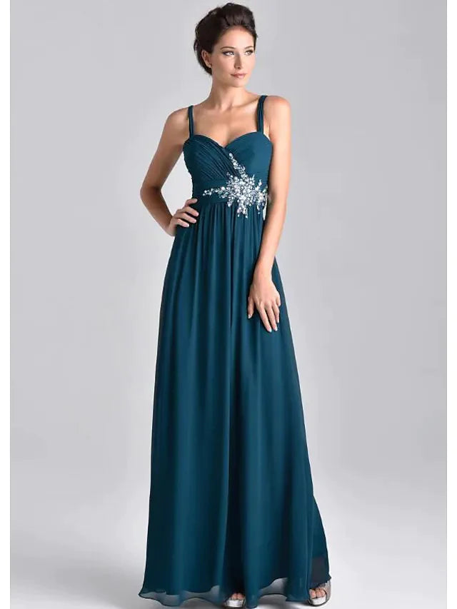 Back view of the elegant floor-length two-piece mother of the bride dress, showcasing the flowing chiffon skirt.
