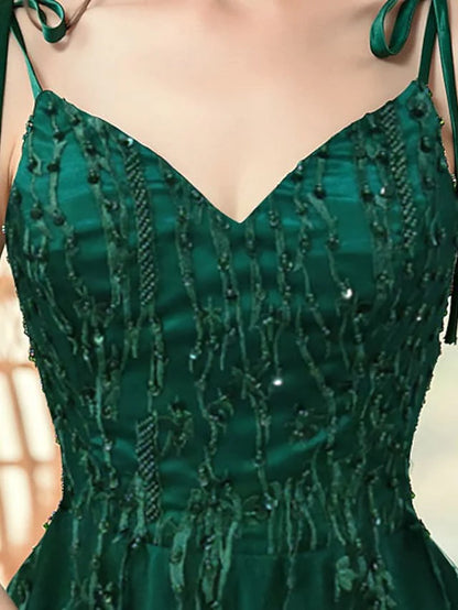 Close-up detail of the beading and embroidery on the A-line formal evening dress bodice.
