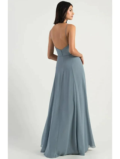 Back view of the A-line chiffon bridesmaid dress featuring an open back design.