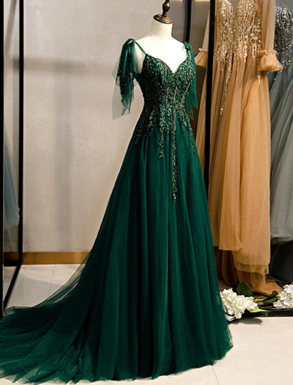 Close-up of the beaded and embroidered bodice on the A-Line formal dress.