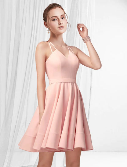 Elegant A-line spaghetti strap pleated satin short dress.