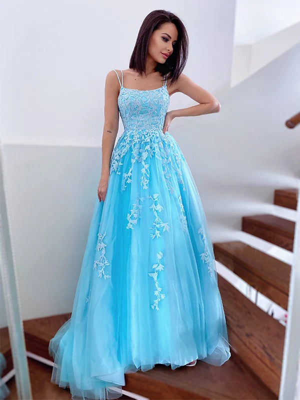 Elegant light blue A-line prom dress with spaghetti straps and intricate floral applique details.