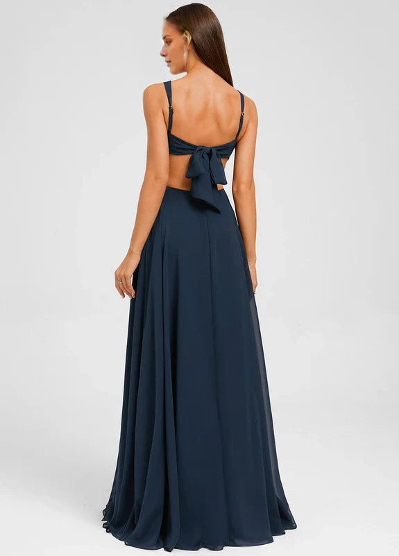 Elegant A-Line Square Neck Bow-Back Chiffon Maxi Evening Dress