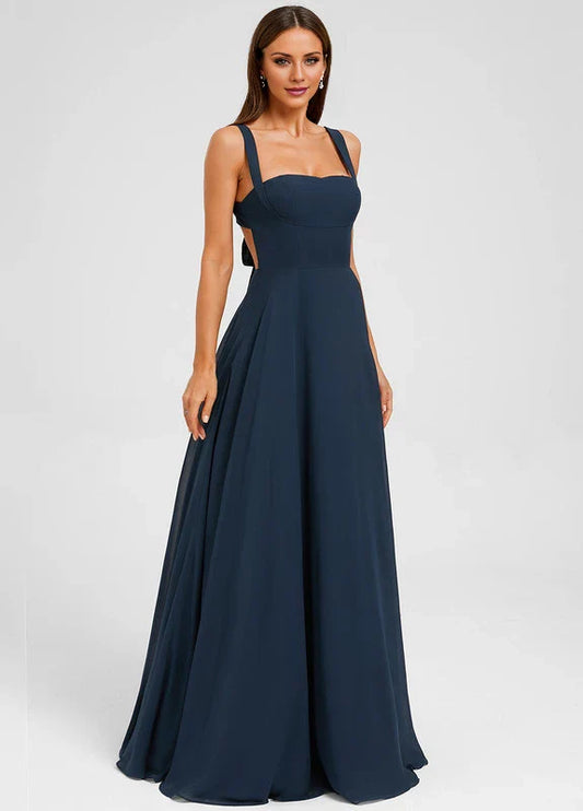 Elegant A-Line Square Neck Bow-Back Chiffon Maxi Evening Dress
