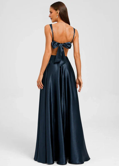 Elegant A-Line Square Neck High-Slit Satin Maxi Evening Dress with Bow-Back