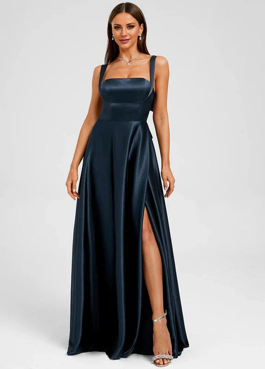 Elegant A-Line Square Neck High-Slit Satin Maxi Evening Dress with Bow-Back