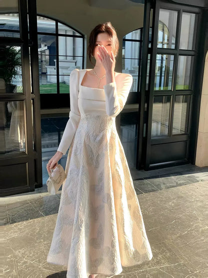 Elegant A-Line Square Neck Long Sleeve Zipper Back Ankle-Length Wedding Guest Dress