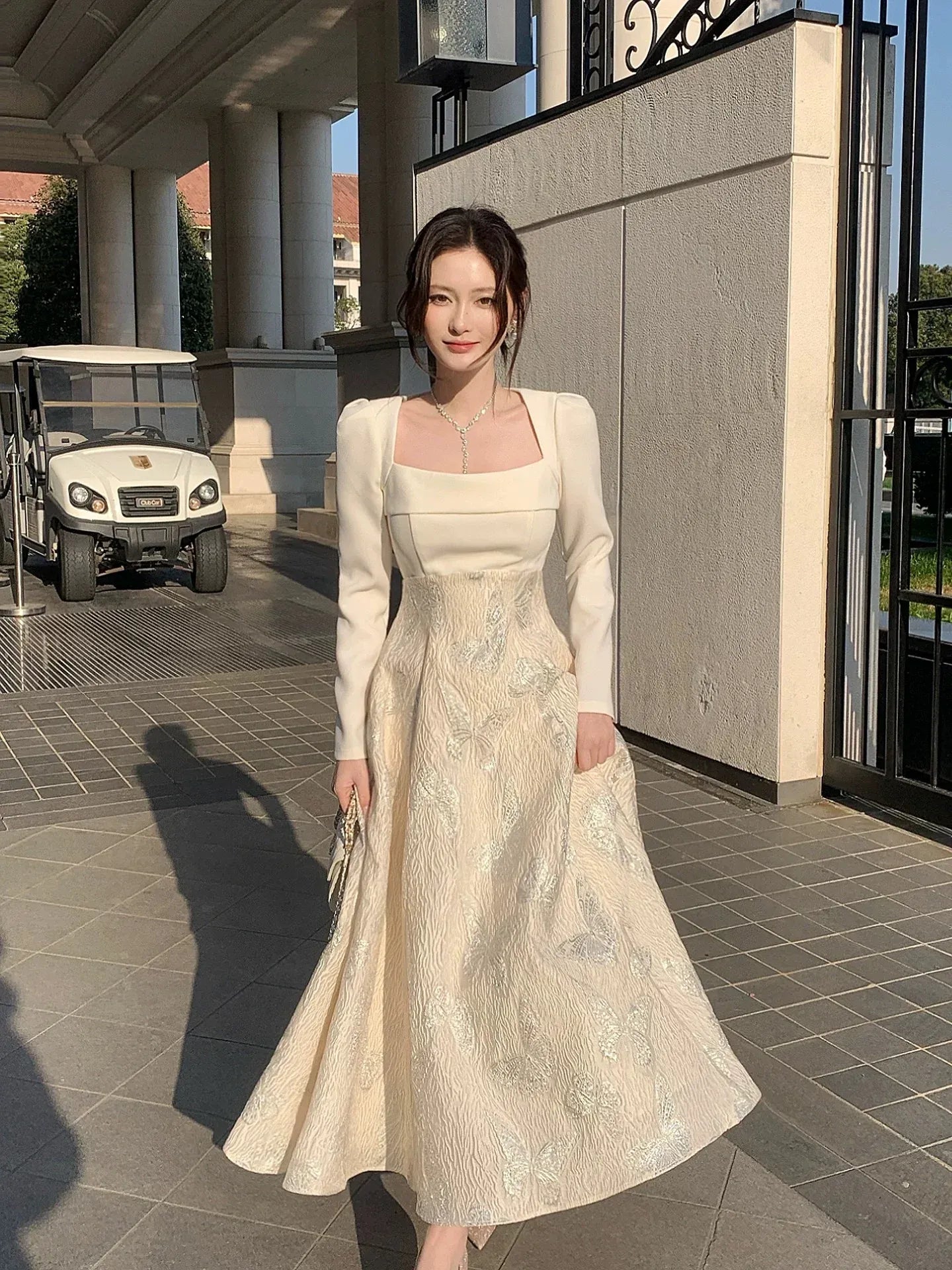 Elegant A-Line Square Neck Long Sleeve Zipper Back Ankle-Length Wedding Guest Dress