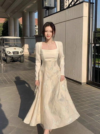 Elegant A-Line Square Neck Long Sleeve Zipper Back Ankle-Length Wedding Guest Dress