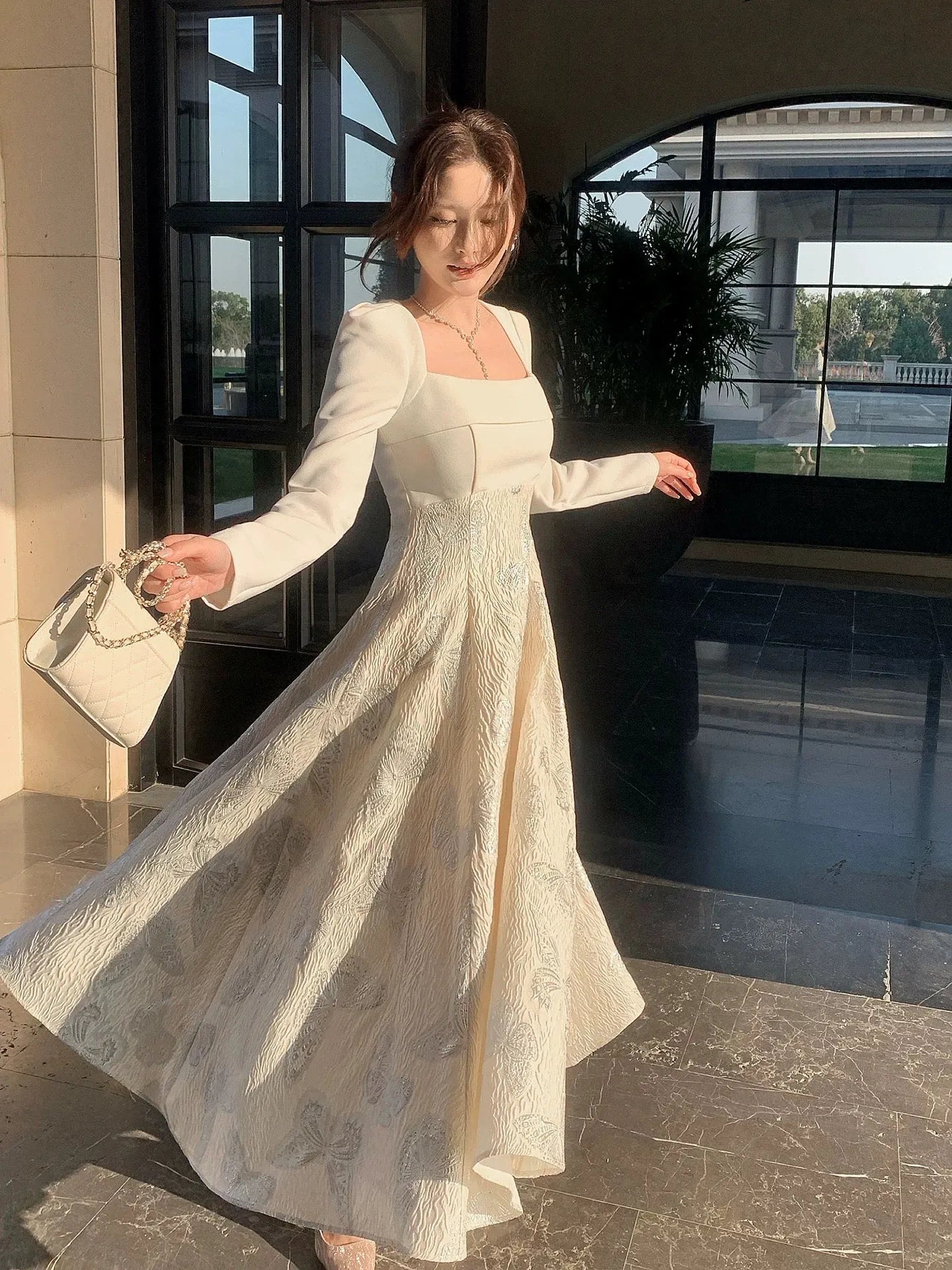 Elegant A-Line Square Neck Long Sleeve Zipper Back Ankle-Length Wedding Guest Dress
