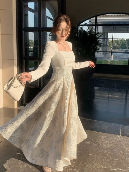 Elegant A-Line Square Neck Long Sleeve Zipper Back Ankle-Length Wedding Guest Dress