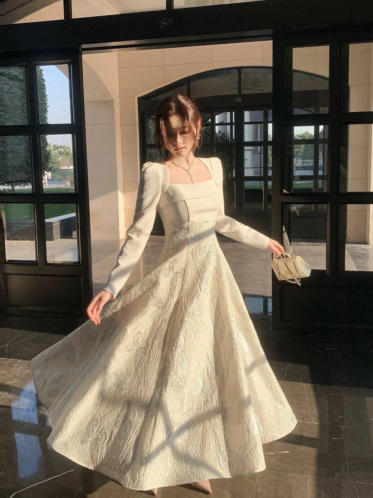 Elegant A-Line Square Neck Long Sleeve Zipper Back Ankle-Length Wedding Guest Dress