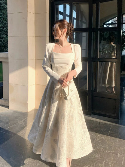 Elegant A-Line Square Neck Long Sleeve Zipper Back Ankle-Length Wedding Guest Dress