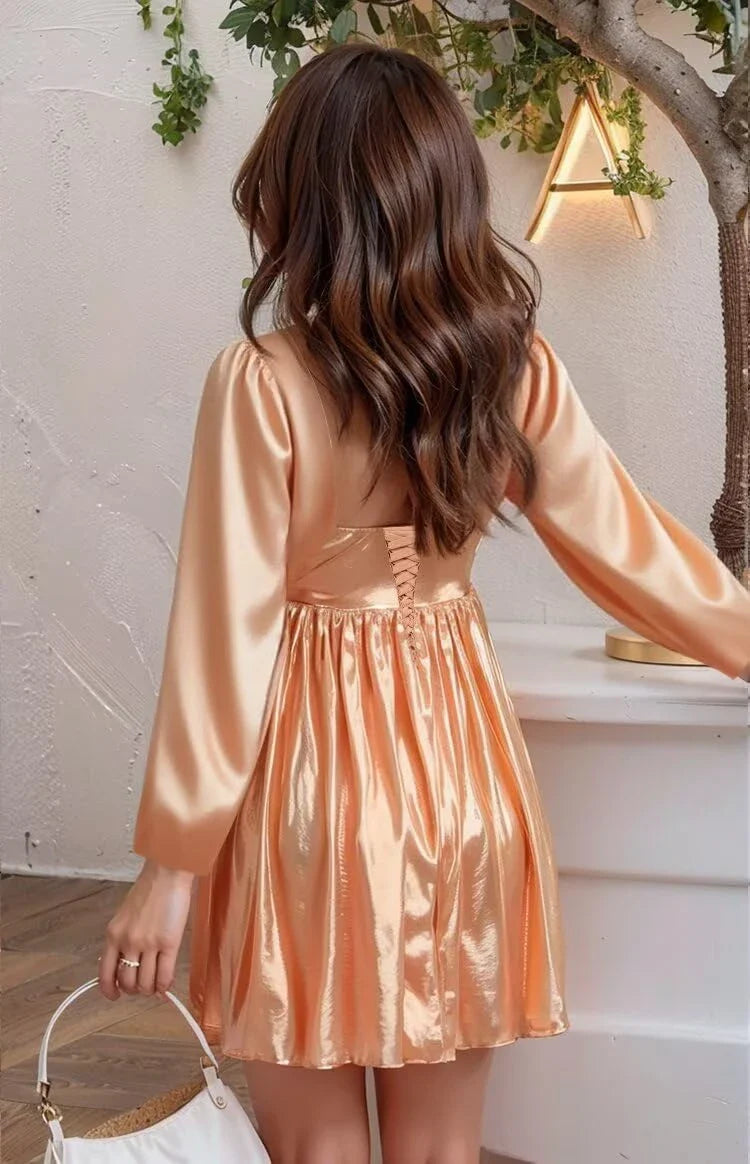 Elegant A-Line Square-Neck Puff-Sleeve Crisscross-Lace-Up-Back Satin Mini Evening Dress