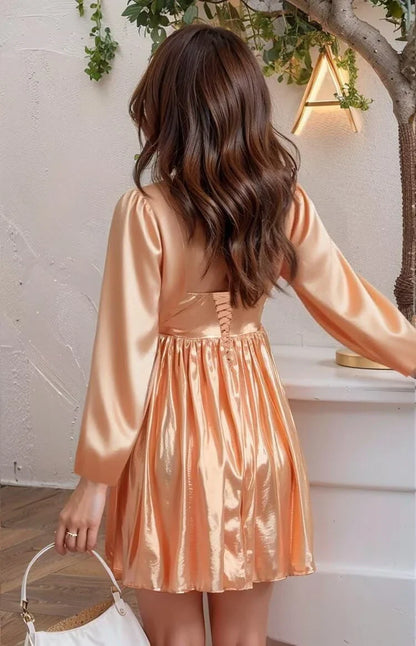 Elegant A-Line Square-Neck Puff-Sleeve Crisscross-Lace-Up-Back Satin Mini Evening Dress