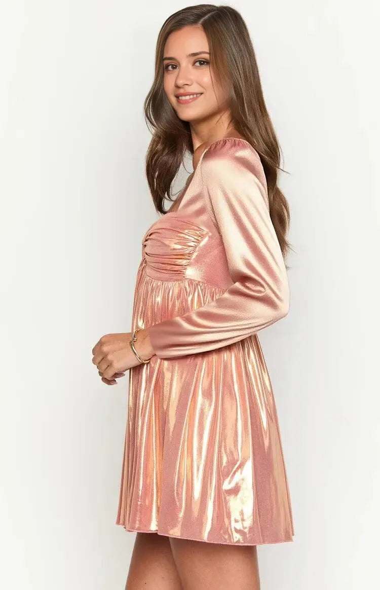 Elegant A-Line Square-Neck Puff-Sleeve Crisscross-Lace-Up-Back Satin Mini Evening Dress