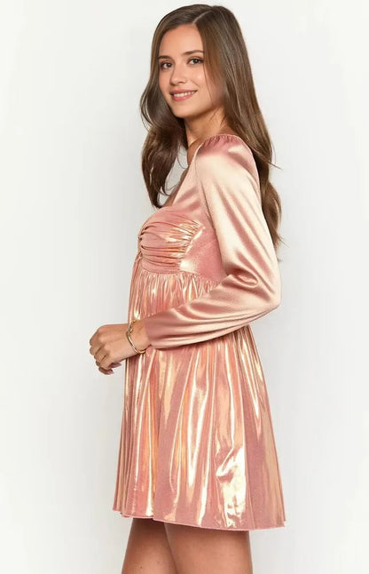 Elegant A-Line Square-Neck Puff-Sleeve Crisscross-Lace-Up-Back Satin Mini Evening Dress