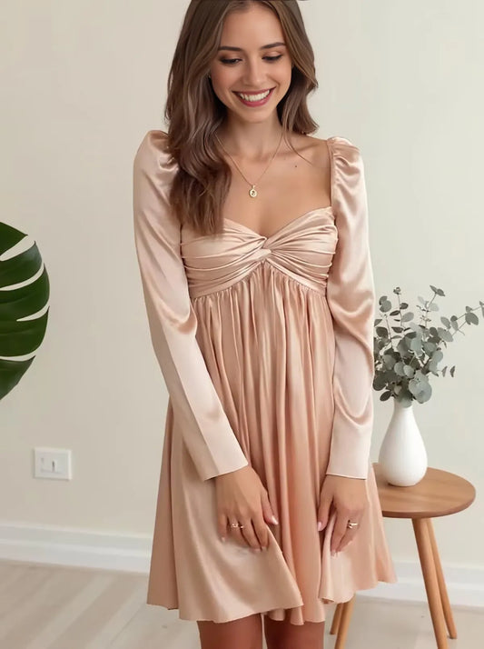 Elegant A-Line Square-Neck Puff-Sleeve Crisscross-Lace-Up-Back Satin Mini Evening Dress