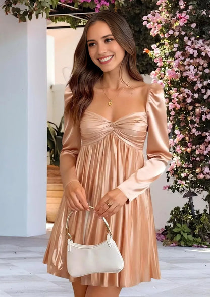 Elegant A-Line Square-Neck Puff-Sleeve Crisscross-Lace-Up-Back Satin Mini Evening Dress