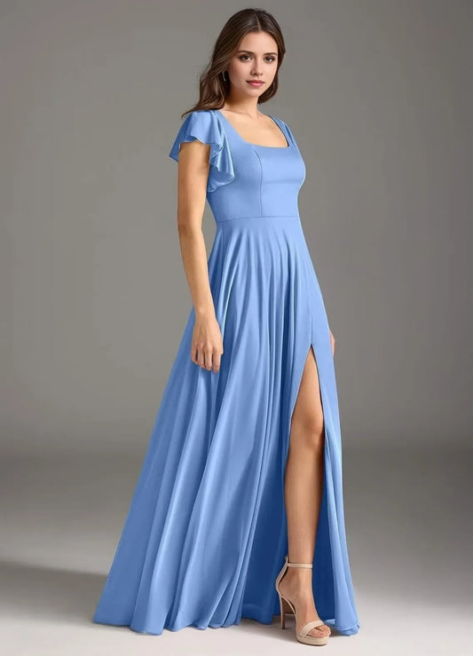 Elegant A-Line Square-Neck Ruffle-Sleeve Tie-Back High-Slit Maxi Evening Dress