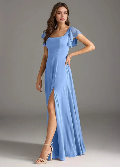 Elegant A-Line Square-Neck Ruffle-Sleeve Tie-Back High-Slit Maxi Evening Dress