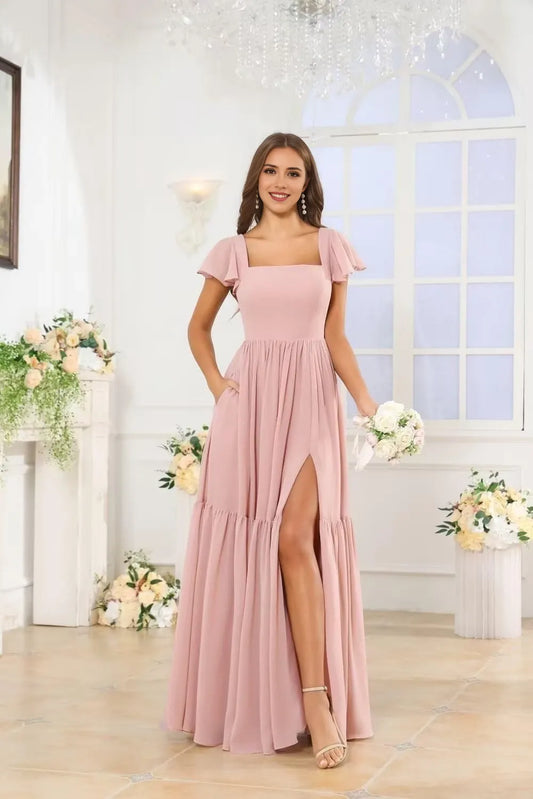 Elegant A-Line Square-Neck Ruffle-Sleeve Tie-Back High-Slit Tiered Maxi Evening Dress