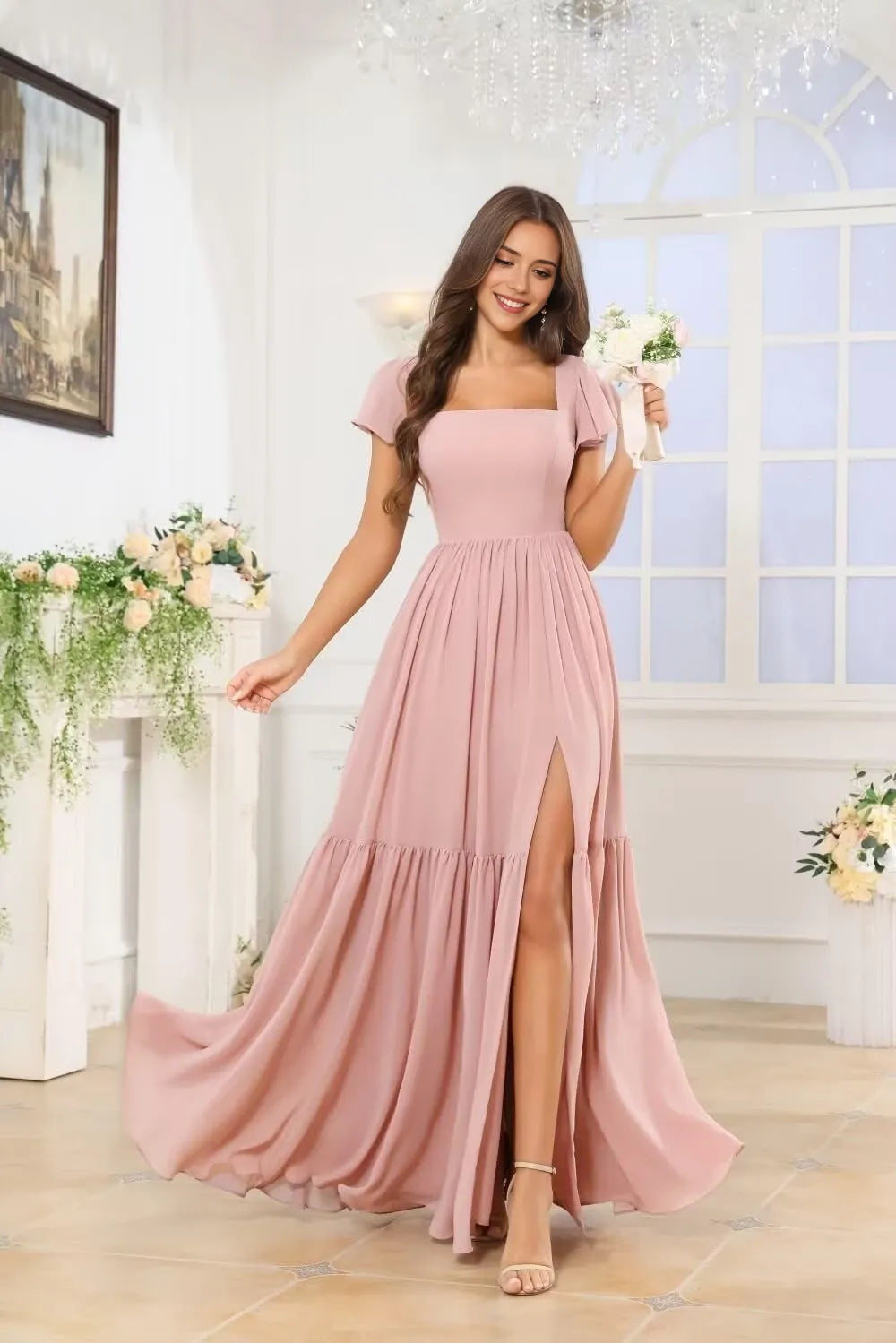 Elegant A-Line Square-Neck Ruffle-Sleeve Tie-Back High-Slit Tiered Maxi Evening Dress