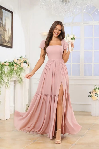 Elegant A-Line Square-Neck Ruffle-Sleeve Tie-Back High-Slit Tiered Maxi Evening Dress